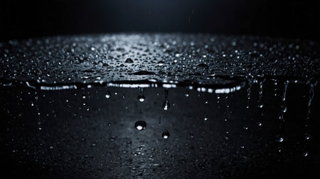 Detailed image showcases water droplets on a reflective surface, creating a dark and moody atmosphere Perfect for adding a touch of depth to your projects.の素材