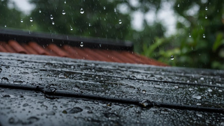 Raindrops falling on a wet, dark roof create a dramatic and moody scene, with blurred green foliage in the background, ideal for weather reports or background imagery.の素材