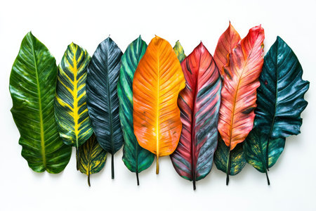 Variety of colorful tropical leaves arranged on a white backdrop evokes nature's beauty and diversity Ideal for botanical or creative design.の素材