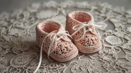 Two delicate, handcrafted baby shoes rest on intricate lace fabric perfect for newborn announcements or baby shower invitations.の素材