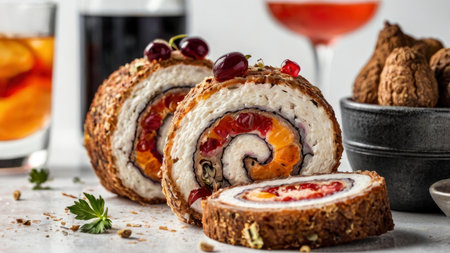 Tempting fruit roll appetizers are artfully displayed with drinks and truffles ready to enjoy Perfect for holiday celebrations and fine dining.の素材