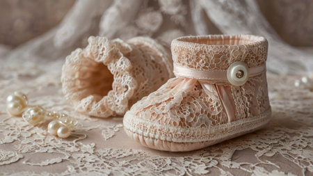 Delicate lace booties and pearls create a vintage, soft aesthetic for newborn photography and nursery decor projects Perfect for baby shower announcements.の素材