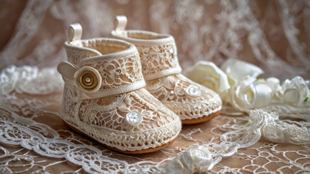Elegant baby booties made of delicate lace with button accents create a charming look for newborns and infant photography.の素材