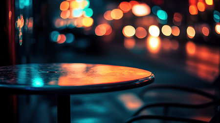 Illuminated table surface with blurred city lights at night creates a moody and inviting atmosphere Perfect for backgrounds or mockups.の素材