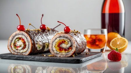 Elegant sushi rolls topped with cherries are displayed alongside drinks and fruit on a serving slate, perfect for food presentations.の素材