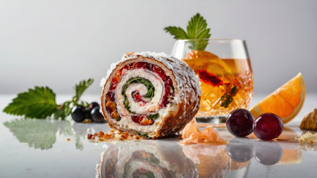 A gourmet rolled cake slice presents with fruit and drink in soft light This appetizing image is perfect for food and beverage promotions.の素材
