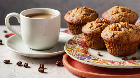 Warm muffins displayed on a colorful plate alongside a cup of coffee offer a tasty treat, perfect for breakfast time.の素材