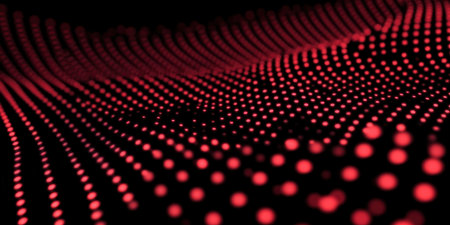 Vibrant red dots flow in a wave pattern against a dark backdrop perfect for technology or futuristic themed designs.の素材