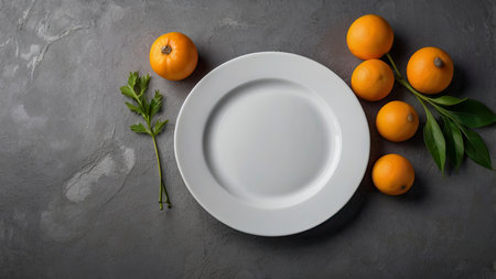 Overhead view showcases a white plate surrounded by fresh tangerines with green leaves and parsley on a gray surface, ideal for food presentation concepts.の素材