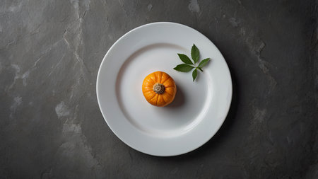 Overhead view shows a tiny pumpkin and leaf on a white plate against gray background Great for seasonal decorations or holiday menu.の素材