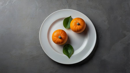 Overhead shot featuring two small pumpkins with green leaves on a white plate with a gray background, ideal for seasonal design.の素材
