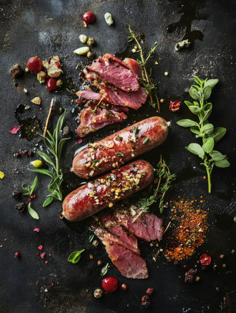 Grilled sausage and sliced meat surrounded by fresh herbs and spices create a rustic, appetizing display ideal for culinary projects.の素材