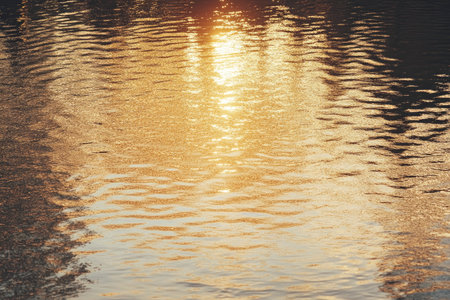 Golden sunlight reflects on the rippling water surface, creating a mesmerizing shimmer and providing a sense of tranquility Use for nature and calming background visuals.の素材