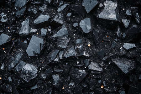 Close-up texture reveals shards of black obsidian stone, its shiny surface reflecting light and textures offering a raw and natural feel Ideal for backgrounds.の素材