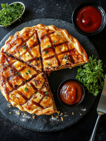 Delicious sliced meat pie with flaky crust is served with tomato sauce and parsley garnish; enjoy this culinary masterpiece for dinner.の素材