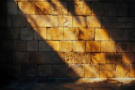 Sunlight creates patterns on a weathered stone brick wall with tiled floor, ideal for architectural and historical designs.の素材