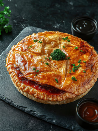 Delicious meat pie with flaky golden crust is presented on a dark slate board, ready for food presentation or marketing purposes.の素材