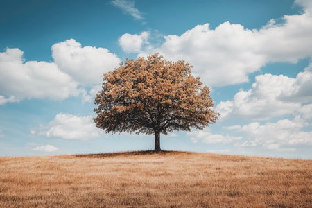 A lone tree dominates the scene set against a backdrop of sky and clouds, with usage suggesting environmental or nature themes.の素材