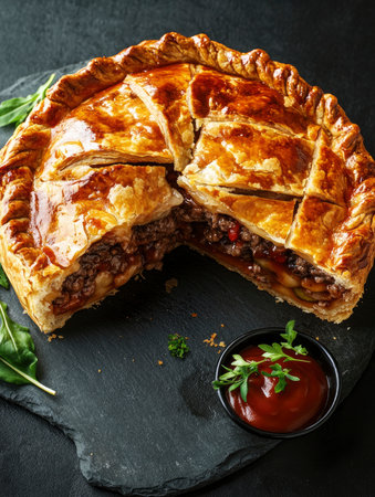 Savory meat pie cut open reveals a juicy filling served with ketchup on a dark slate Use in food blogs or restaurant promotions.の素材