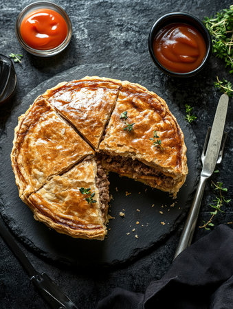 Savory meat pie with golden crust is served with dipping sauces on dark slate surface Excellent for food blogs and restaurant promotions.の素材
