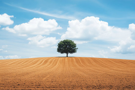 Solitary tree stands gracefully atop a cultivated field under a bright sky filled with white clouds Perfect for illustrating nature and agricultural themes.の素材
