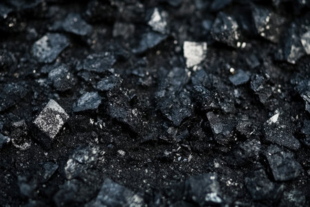 Detailed view of black coal pieces with shiny reflections, creating an industrial and mineral texture backdrop Ideal for energy or geology projects.の素材