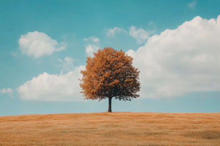 A lone tree dominates the landscape with its golden foliage against a backdrop of a blue sky with white clouds, perfect for scenic backgrounds.の素材