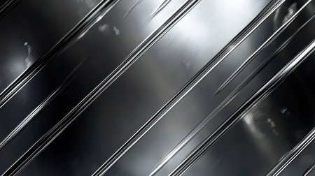 This abstract background features a shiny silver metal texture with diagonal lines and reflections perfect for modern and industrial designs.の素材