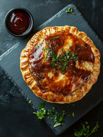Meat pie with herbs and ketchup on stone board perfect for food blog or menu design.の素材