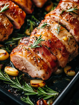 Juicy roasted pork tenderloin slices wrapped in bacon, with roasted garlic and rosemary, presented on a tray ideal for dinner recipes.の素材