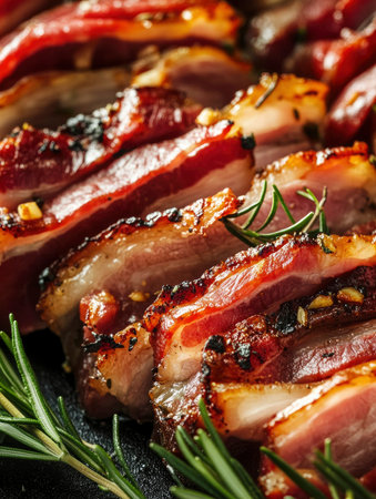 Savory sliced duck breast is seasoned and garnished with fresh rosemary sprigs ready to be served Perfect for gourmet food presentations.の素材
