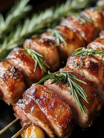 Close-up of savory grilled meat skewers adorned with fresh rosemary and garlic, perfect for culinary blogs and restaurant menus.の素材