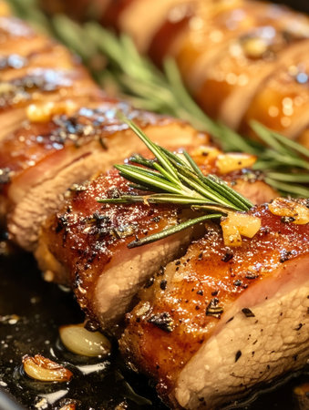 A close up shows roasted pork tenderloin garnished with rosemary and garlic; ideal for food photography and recipe illustrations.の素材
