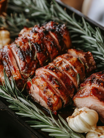 Sliced roasted pork loin presented with fresh rosemary and garlic bulbs on a rustic tray Perfect for culinary and food blog imagery.の素材