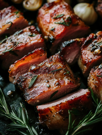 Roasted pork loin sliced and garnished with rosemary sprigs provides an appetizing food close-up, suitable for culinary or recipe presentations.の素材