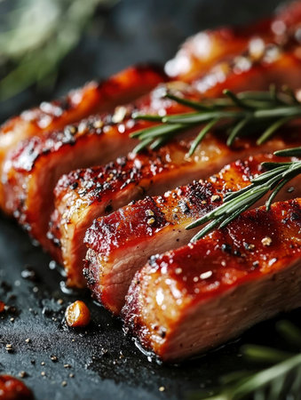 Close up image of sliced grilled pork loin garnished with fresh rosemary; suitable for culinary and restaurant marketing content.の素材