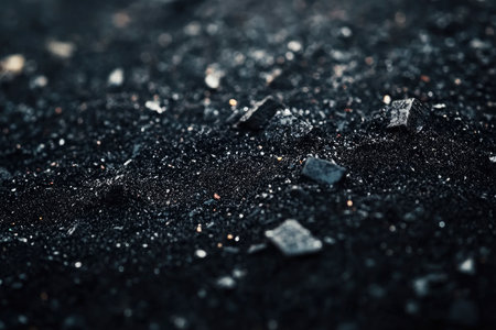 Detailed close-up showcases the texture of black sand interspersed with small rock fragments and glistening particles, ideal for geological study or abstract backgrounds.の素材