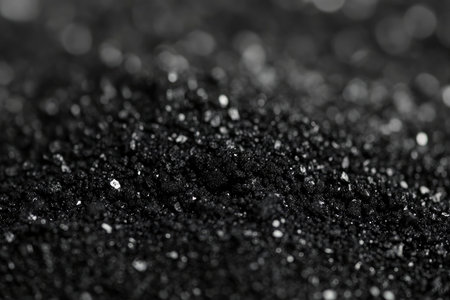 Detailed macro shot showing dark powder with shiny particles, creating abstract and textural visual effects Ideal for science or cosmetic industry visuals.の素材