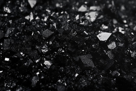 A textured close-up shows a pile of glistening black crystals with interesting geometric shapes Great for science or industrial concepts.の素材