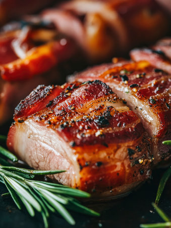 Grilled steak medallion wrapped in crispy bacon and garnished with rosemary sprigs creates a tempting dish Perfect for gourmet food and cooking concepts.の素材