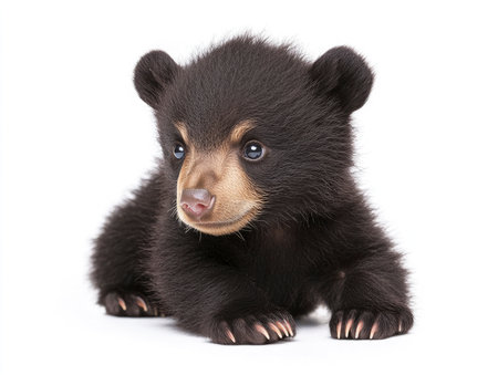 A sweet black bear cub rests comfortably against a clean white background, making it perfect for wildlife and animal-themed designs.の素材