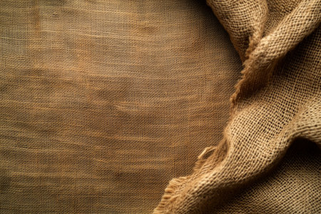 Close-up of rough burlap fabric showcasing natural brown texture and folded detail perfect for rustic or organic themed designs.の素材