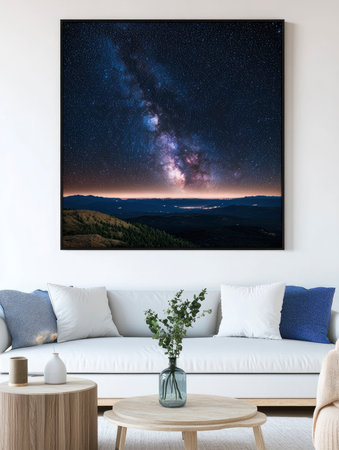 Framed print of the Milky Way graces the modern living room adding depth and drama to the clean contemporary design Perfect for home decor.の素材