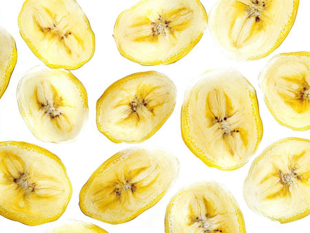 Scattered banana slices create a refreshing pattern on a white backdrop Perfect for healthy eating and snack related designs.の素材