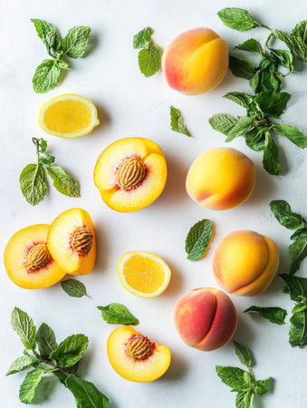 Overhead shot of peaches, lemon, and mint leaves on white background ideal for summer recipes and healthy eating content.の素材