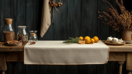 Rustic kitchen table features fresh oranges herbs and garlic on a linen runner Ideal for food and lifestyle content.の素材