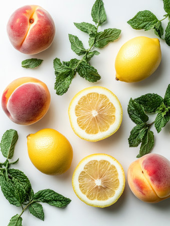 Arrangement of peaches lemons and mint leaves create a refreshing and bright composition on a white surface Use for food and summer themes.の素材