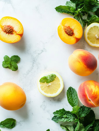 Bright and fresh peaches, lemons, and mint leaves are arranged on a marble surface making it great for healthy eating promotions.の素材
