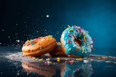 Colorful donuts with sprinkles falling on a dark blue background.の写真素材