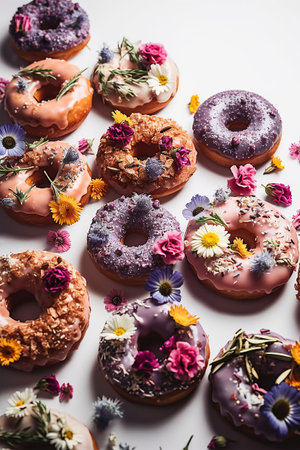 delicious donuts with sprinkles and fresh flowers on white backgroundの写真素材